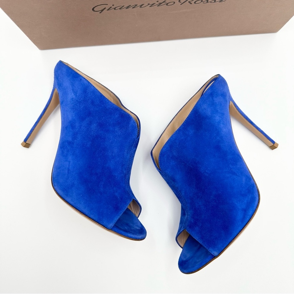 Gianvito Rossi Blue Suede Peep Toe Mules - Picture 12 of 13